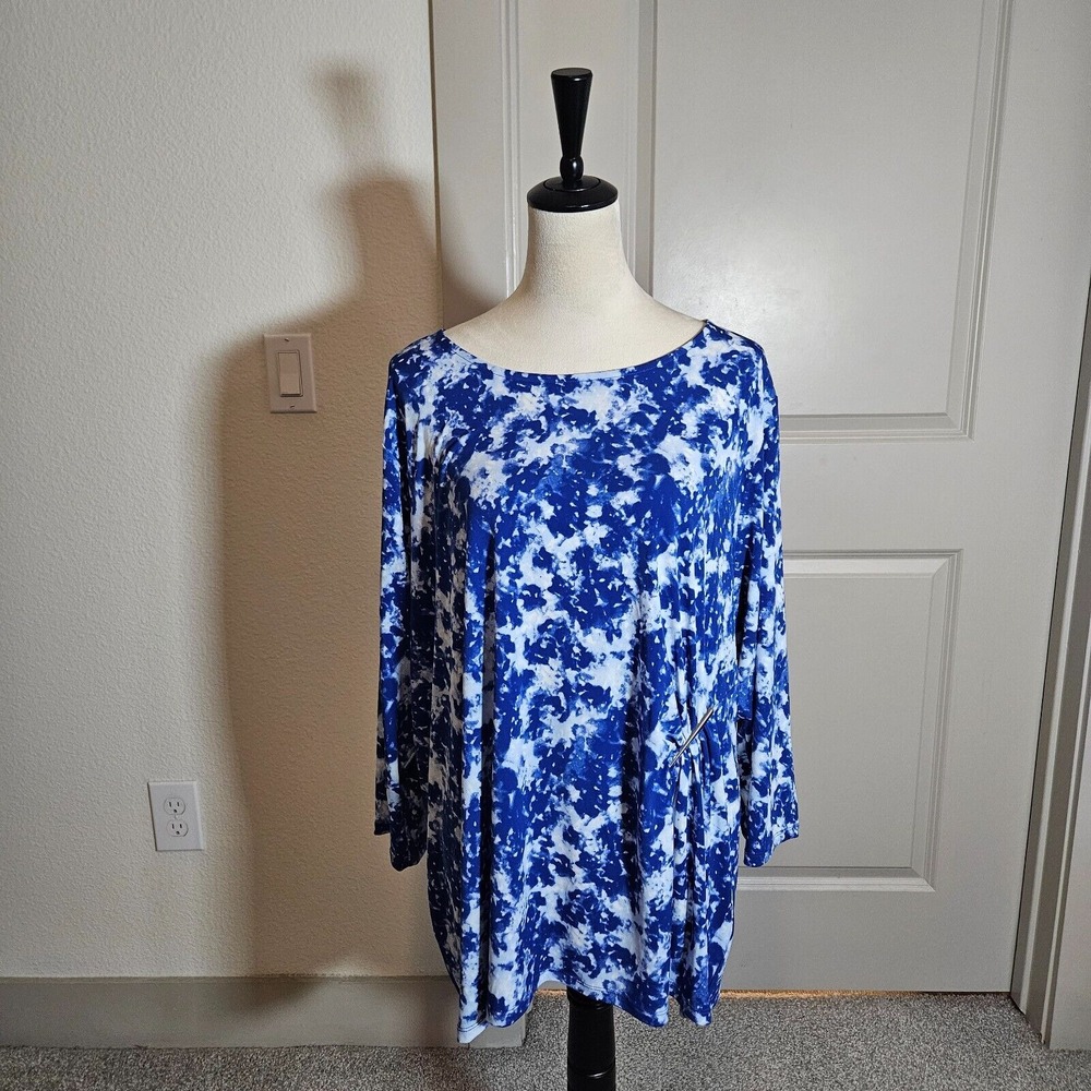 NWT Calvin‎ Klein Top Blouse Women 3X Stretch Abstract Print Blue White Comfy